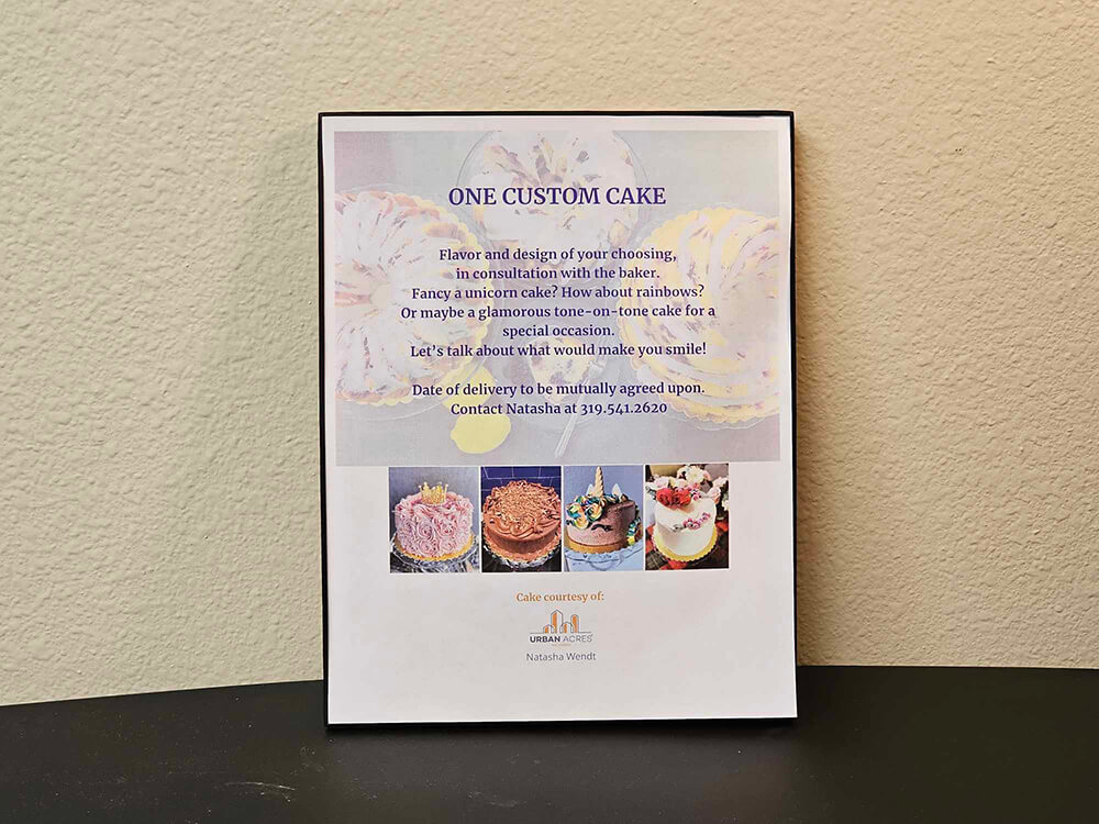 framed certificate for one custom cake