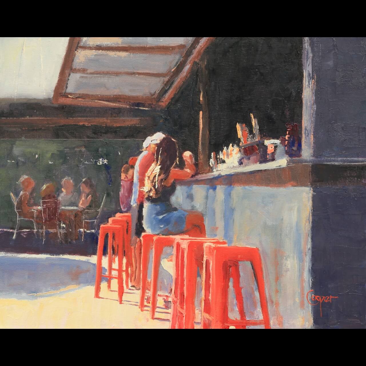 painting of people sitting in orange chairs at a restaurant