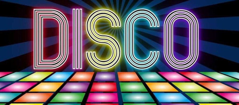 the word disco spelled out with multicolored letters above a series of squares denoting a light up dance floor