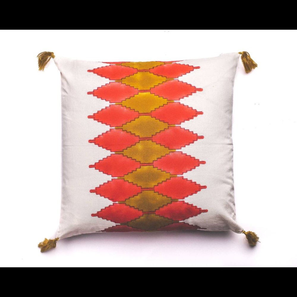 Kellogg pillow with red and mustard diamonds