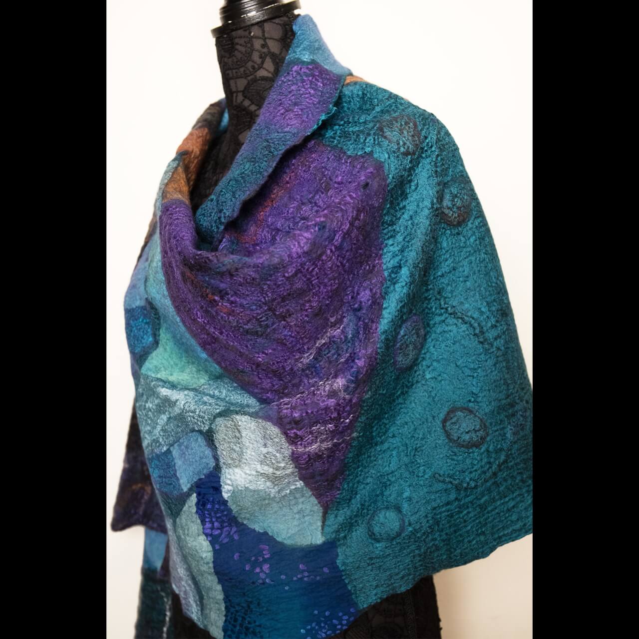 felted wool wrap in blue and purple