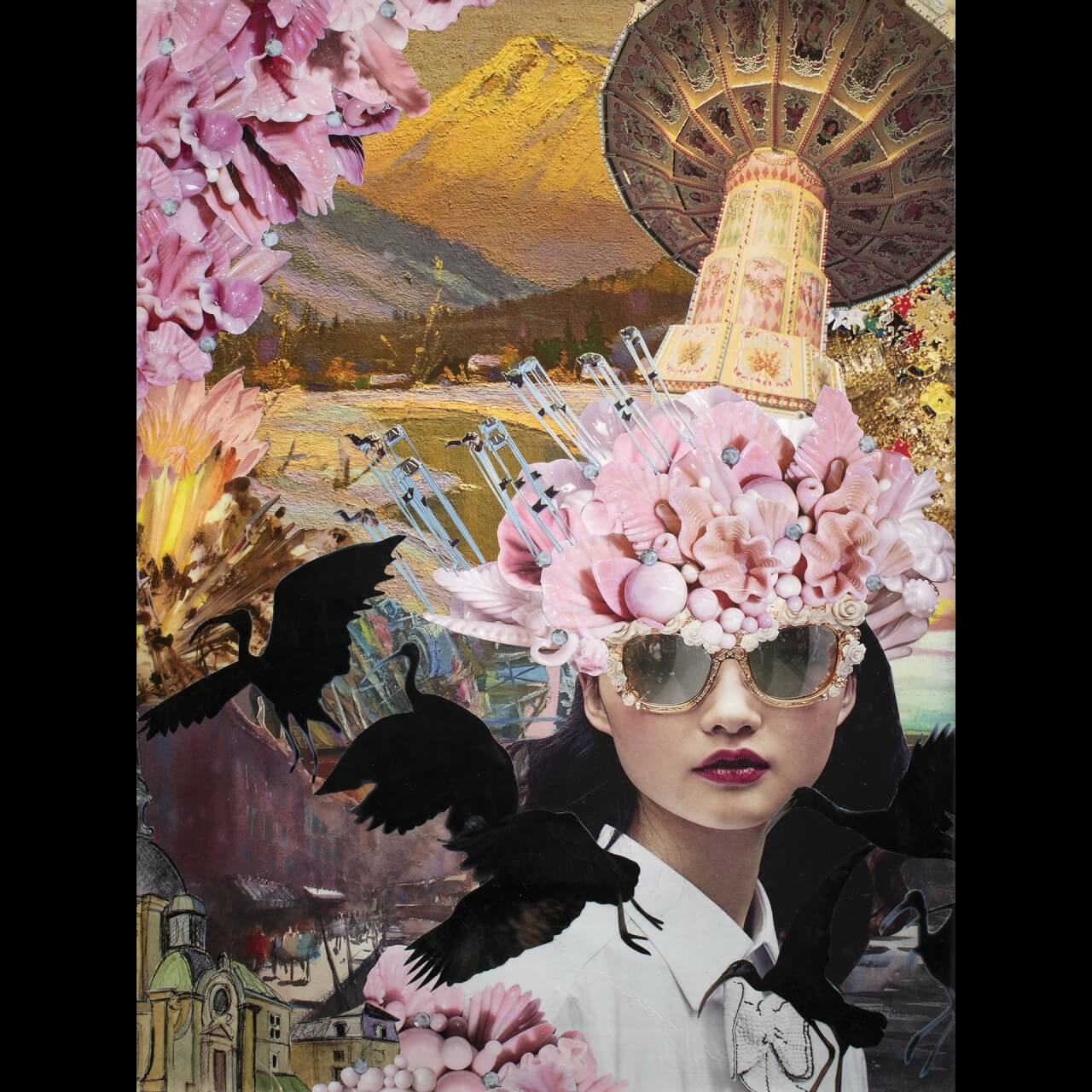 collage of woman with flowers in her hair looking at viewer
