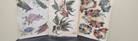 3 flash prints Skull and florals flash – Herbs and stones flash – Bird skulls and leaves flash