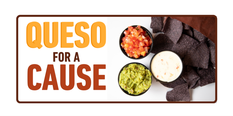 queso for a cause logo with chips and guac