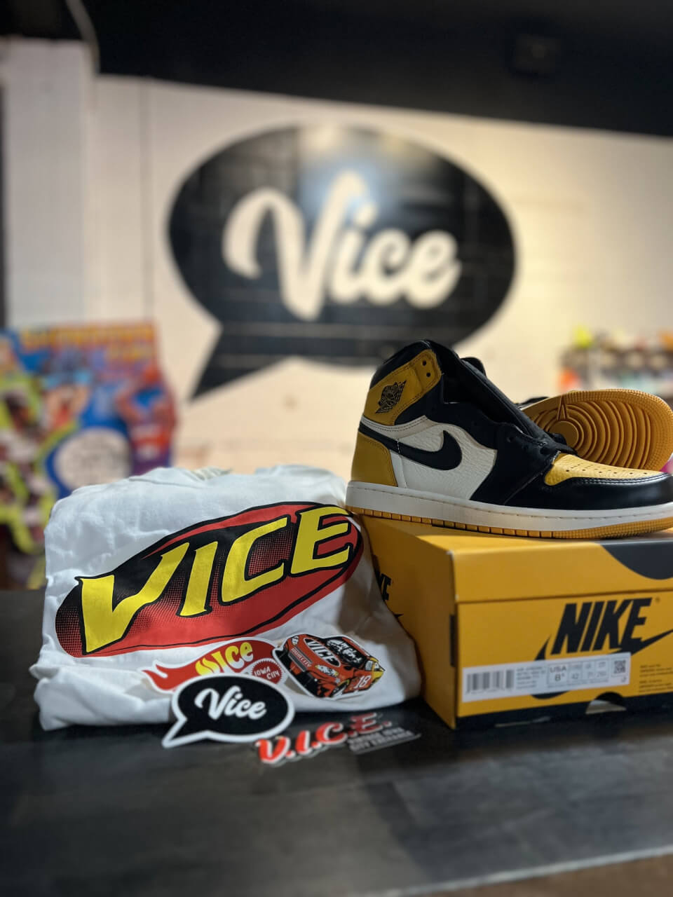 gift basket with jordans vice t-shirt and stickers